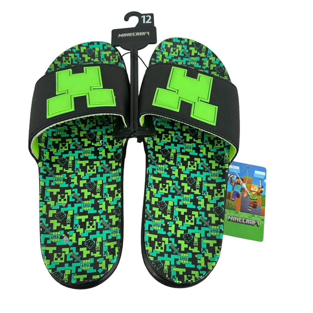 Minecraft Gamer Adult Comfort Green Black Slides Size M12 New With Tags